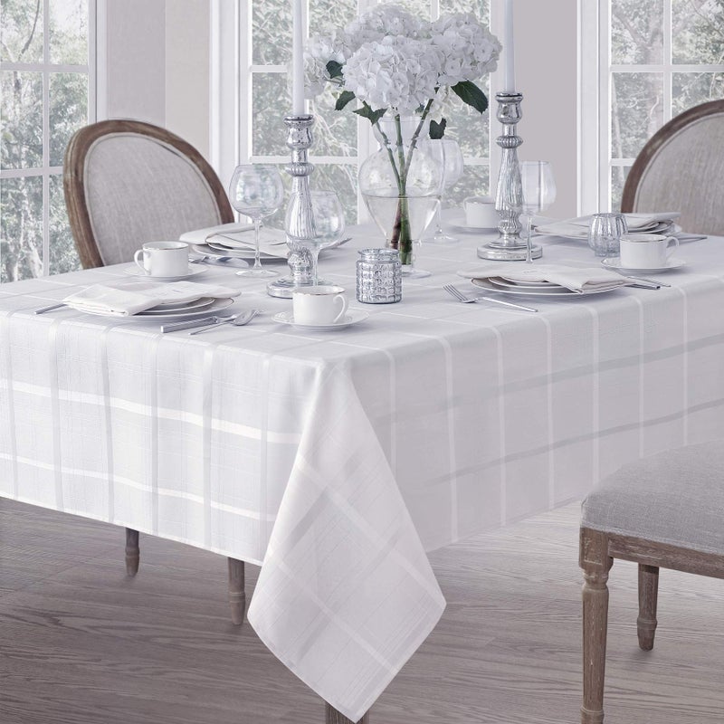 Newbridge 52 x 70 Inch Rectangle Fabric Tablecloth, Elegance Plaid, 100% Polyester, No Iron Soil Resistant Dining Room, Party and Banquet Table Cover, Solid Textured, White - Image 1